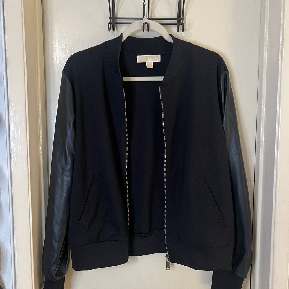Michael Kors Black Bomber Jacket w/ Faux Leather Sleeves